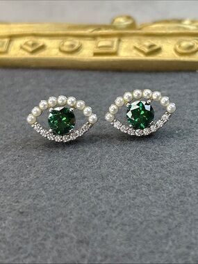 Swan Swarovski Silver Eye Stud Earrings with Green Crystal and Pearl Accent